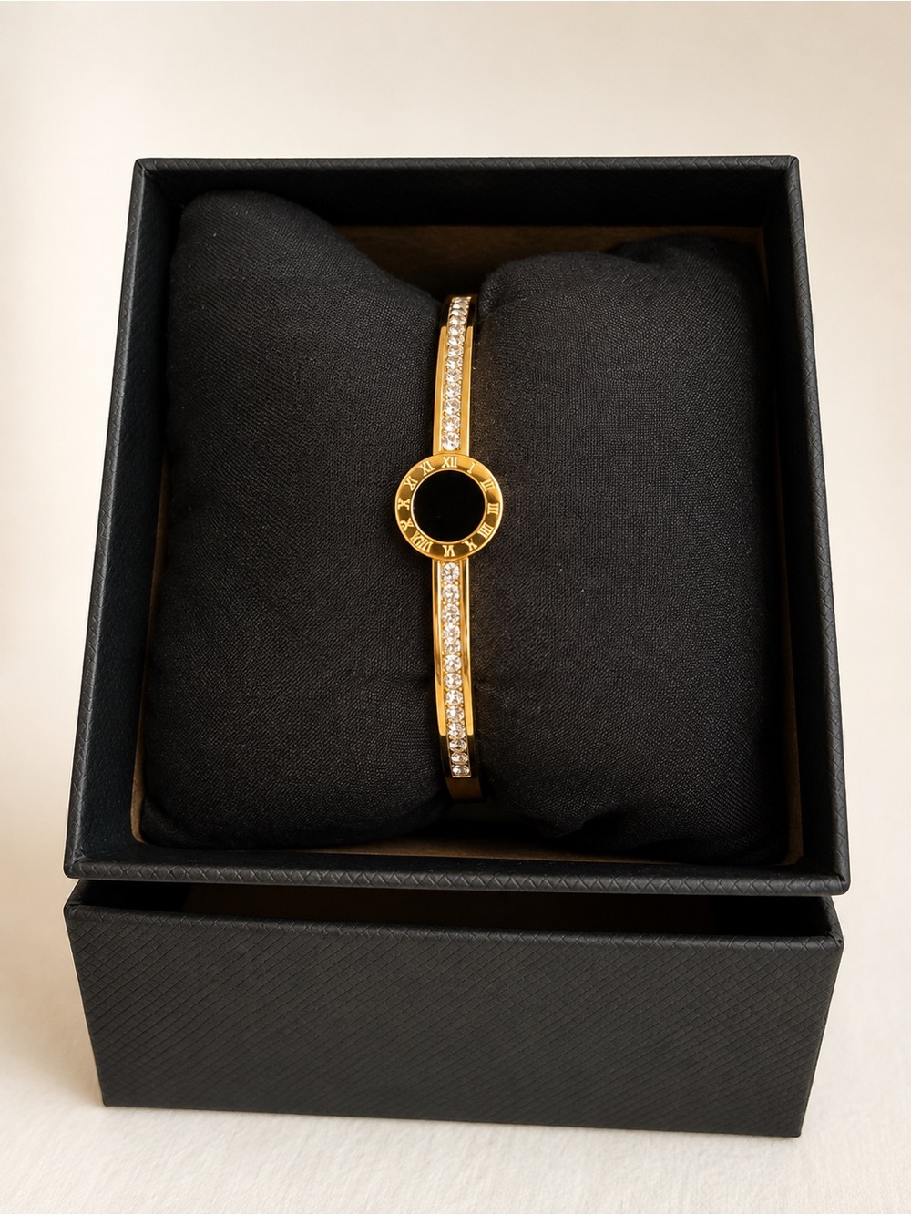 Gold Plated Stainless Steel Crystal Roman Numeral Bangle Bracelet